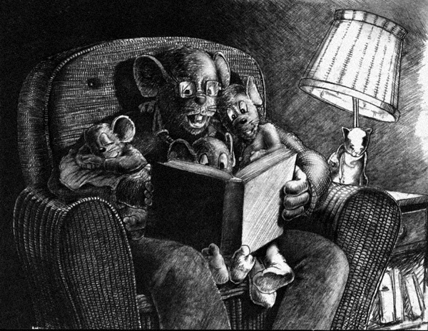 reading mice father and kids pencil drawing